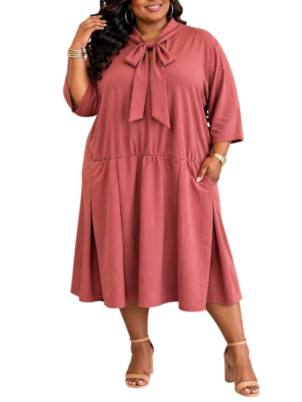 Ashley Stewart Plus Size 34/36 Dress Pleated Tie-Neck Ruched Sleeves Pockets